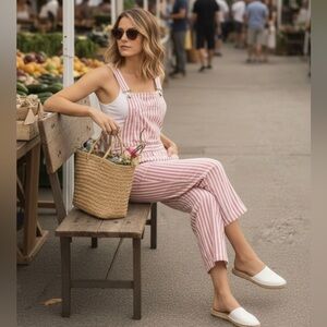 NWT MOTHER The Simple Life Denim Overalls in Candy Stripe in white & Pink Size M